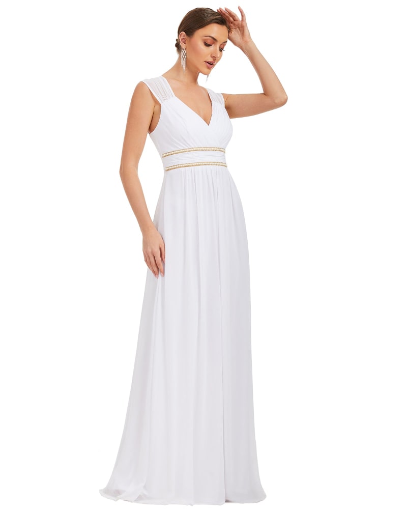 Front of a model wearing a size 24 V-Neck Sleeveless Beaded Belt Chiffon A-Line Evening Dress in White by Ever-Pretty. | dia_product_style_image_id:325247